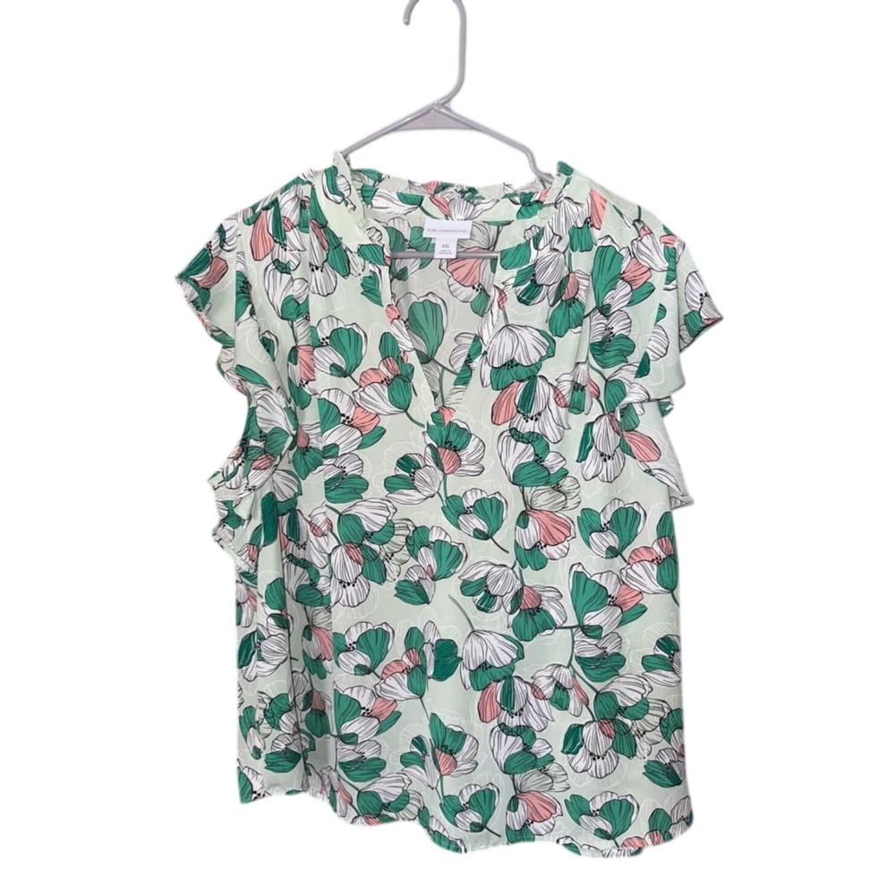 Liz Claiborne Blouse XXL Green Pink Floral Ruffle Sleeve V-Neck Top